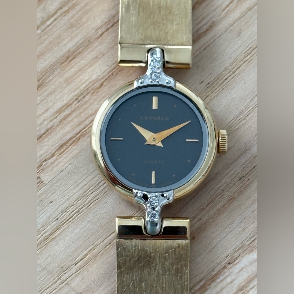Lassale Rare Diamond Vintage Ladies Watch Gold Plated Bracelet Case Black Dial - Picture 2 of 16